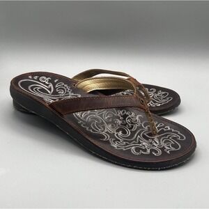 OluKai Paniolo Women's Size 10 Comfort Flip-Flop Thong Sandals Brown Leather EUC